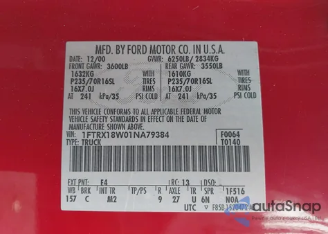 2001 Ford F-150 Lariat/Xl/Xlt z USA, uszkodzony, nr VIN 1FTRX18W01NA79384